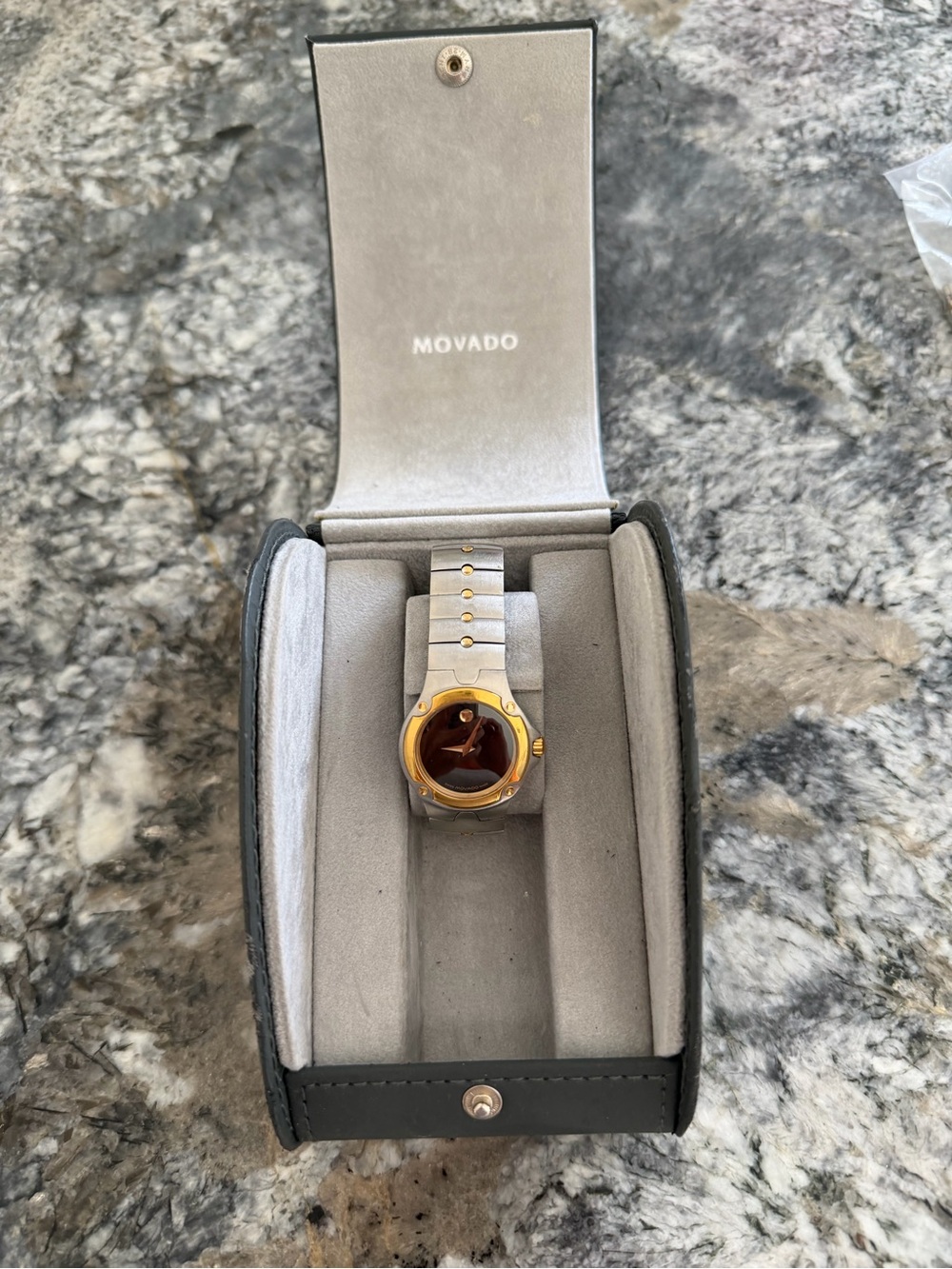 Movado Two-Tone Watch with Brown Dial and Gold Bezel